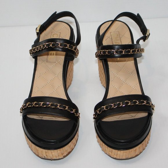 Chanel 20C Black Leather CC Chain Wicker Platform Wedge Sandal EU 40.5 / US 10.5 - Picture 3 of 11